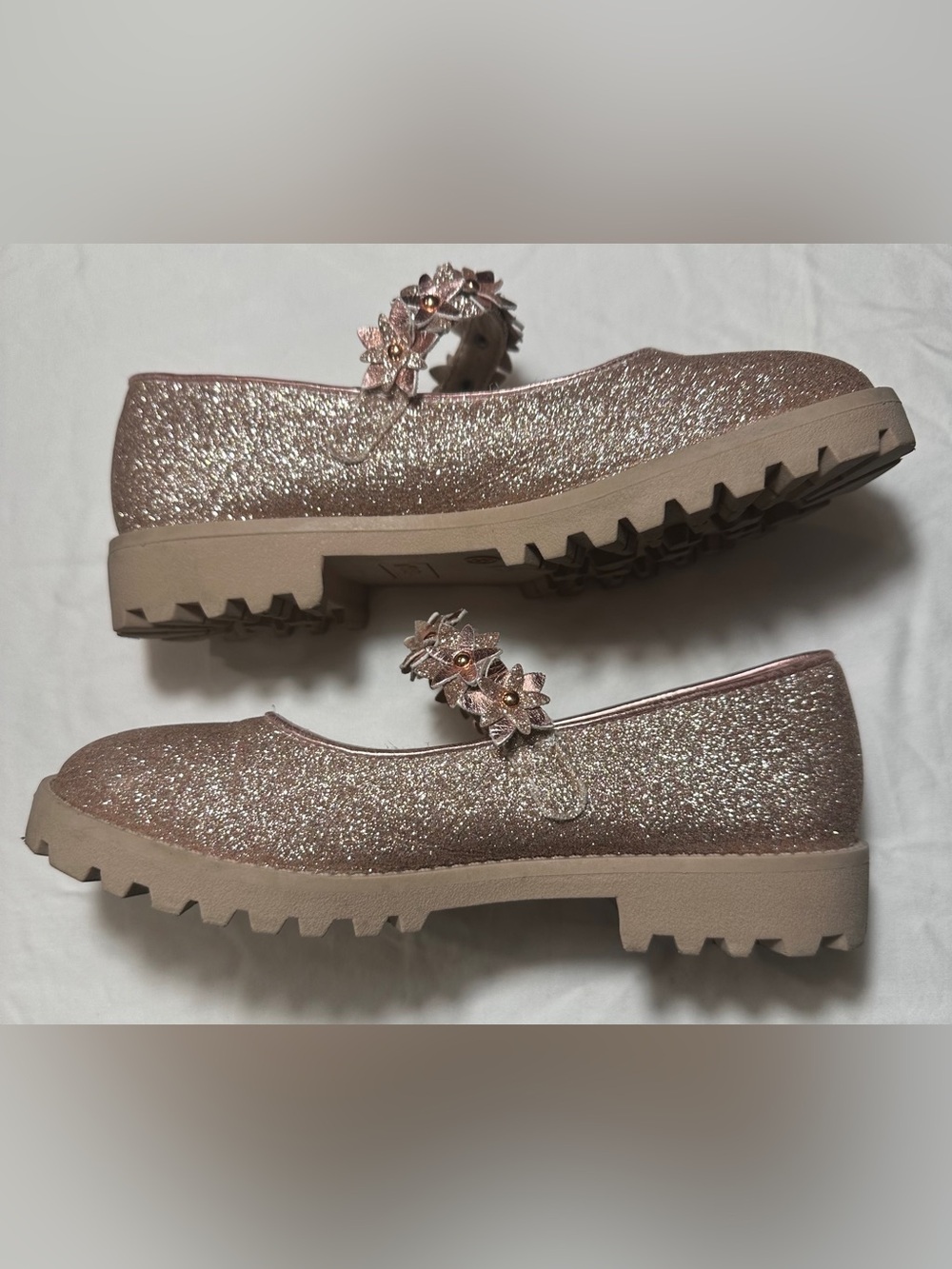 Rose Gold Glitter Mary Jane Shoes with Velcro floral  strap. Size 3M